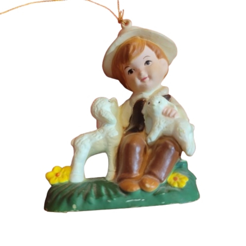 Charming Boy and Lamb Figurines Ornament Vintage